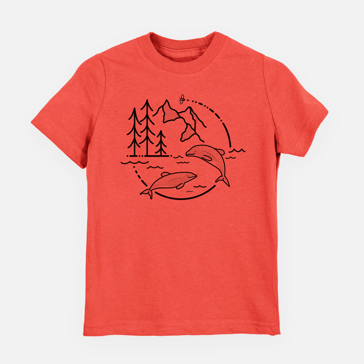 Passionfruit pink youth t-shirt laid flat, printed with a black line art circle connecting pine trees, mountains, a bee and two Maui dolphins leaping from the waves.