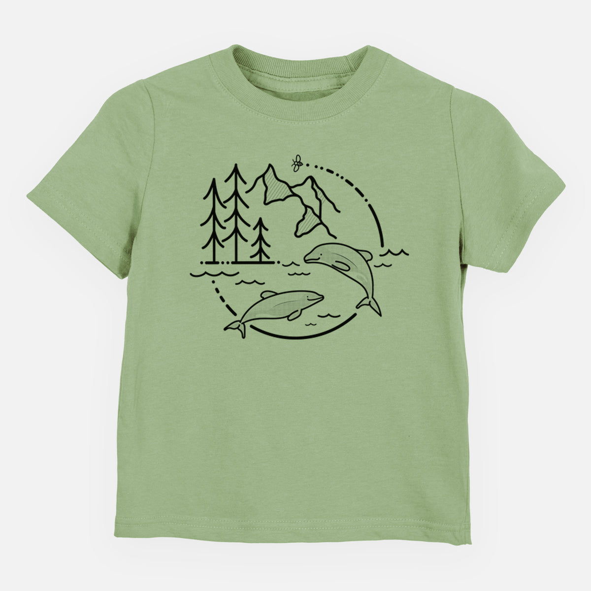 Sage green toddler t-shirt laid flat, printed with a black line art circle connecting pine trees, mountains, a bee and two Maui dolphins leaping from the waves.