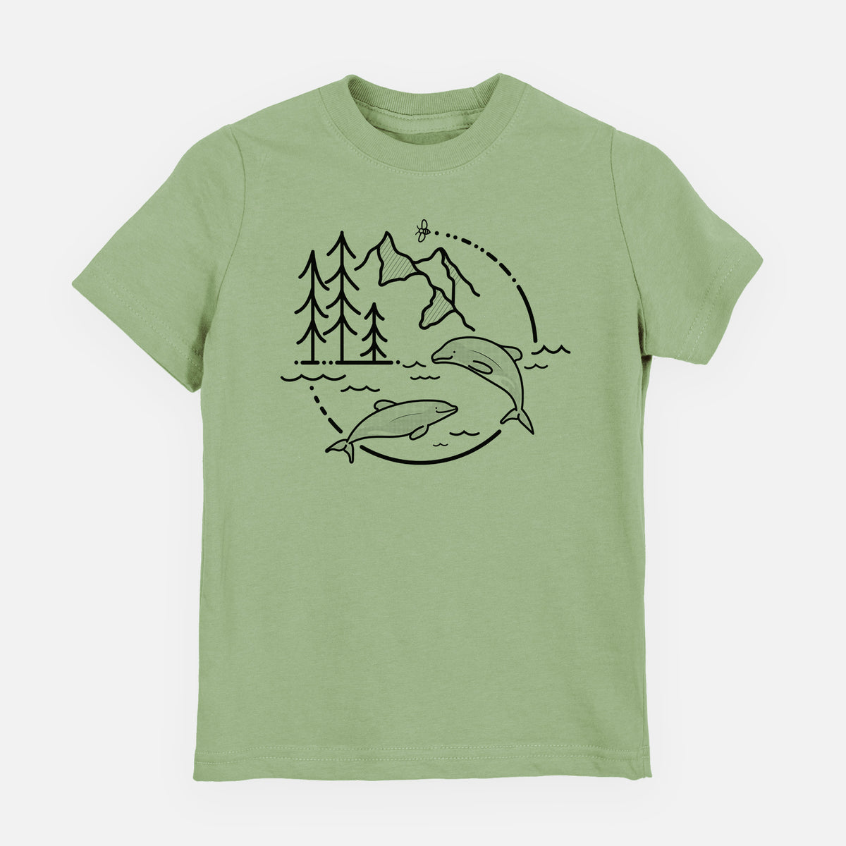 Sage green youth t-shirt laid flat, printed with a black line art circle connecting pine trees, mountains, a bee and two Maui dolphins leaping from the waves.