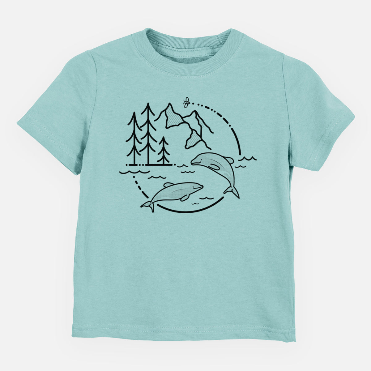 Saltwater toddler t-shirt laid flat, printed with a black line art circle connecting pine trees, mountains, a bee and two Maui dolphins leaping from the waves.