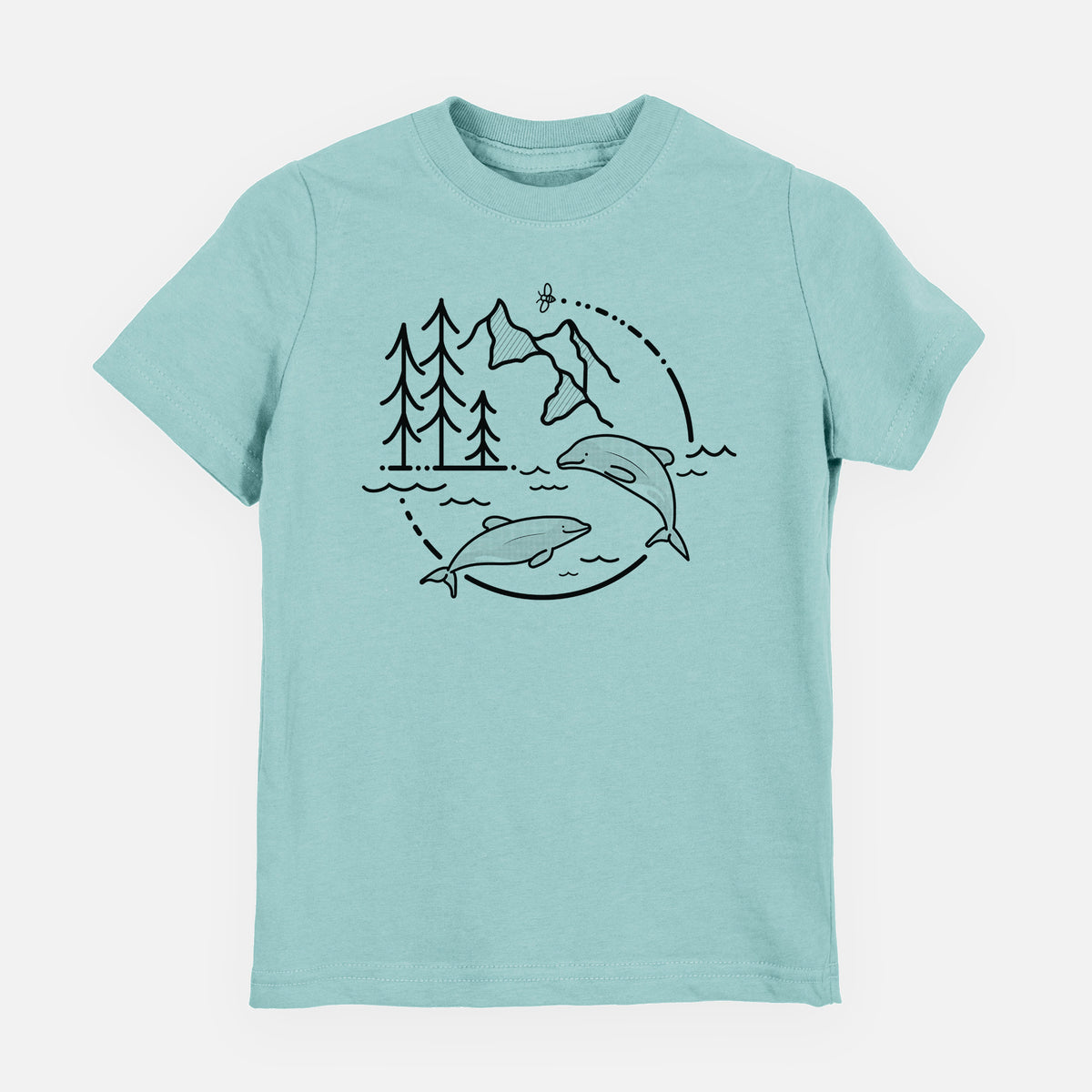 Saltwater youth t-shirt laid flat, printed with a black line art circle connecting pine trees, mountains, a bee and two Maui dolphins leaping from the waves.