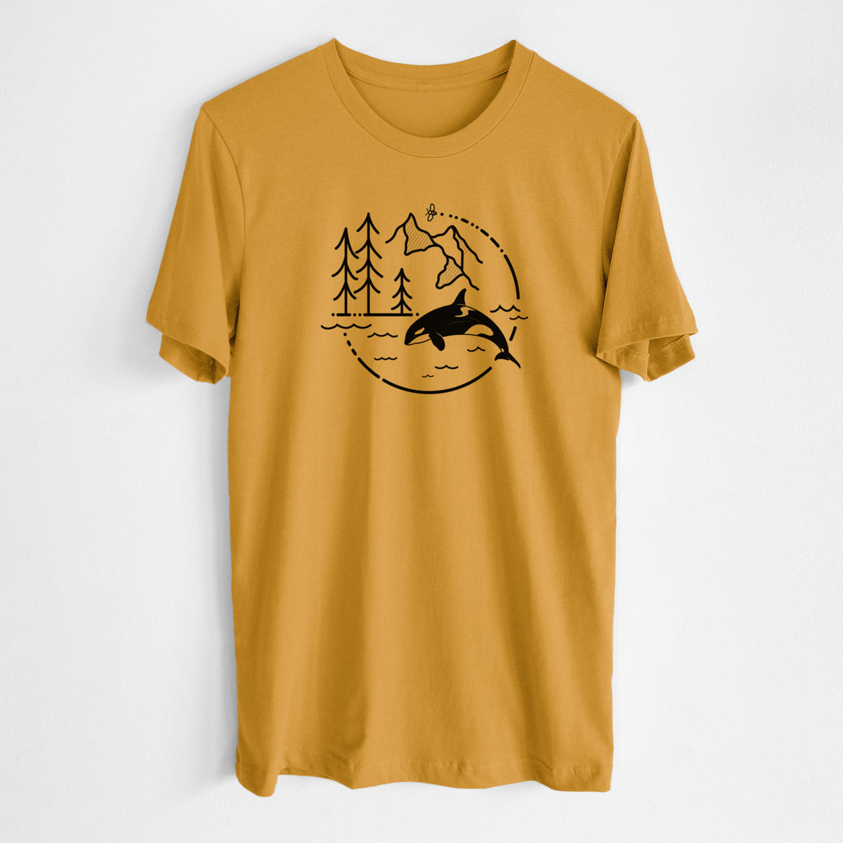 Honeycomb yellow lightweight cotton t-shirt laid flat, printed with a black line art circle connecting pine trees, mountains, a bee and an orca leaping from ocean waves.