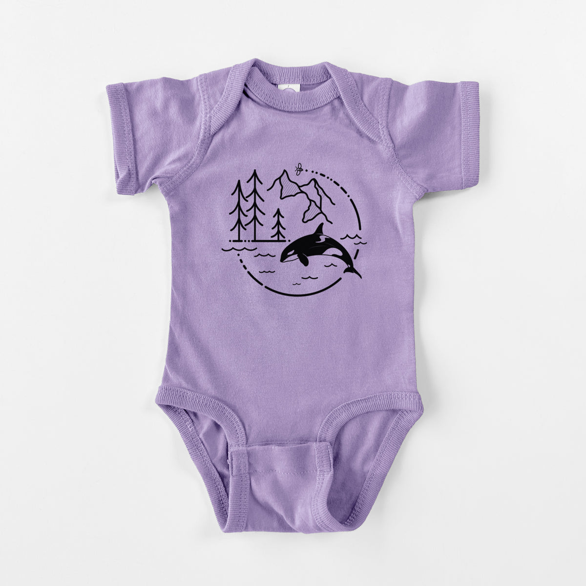 Lavender baby bodysuit laid flat, printed with a black line art circle connecting pine trees, mountains, a bee and an orca leaping from ocean waves.