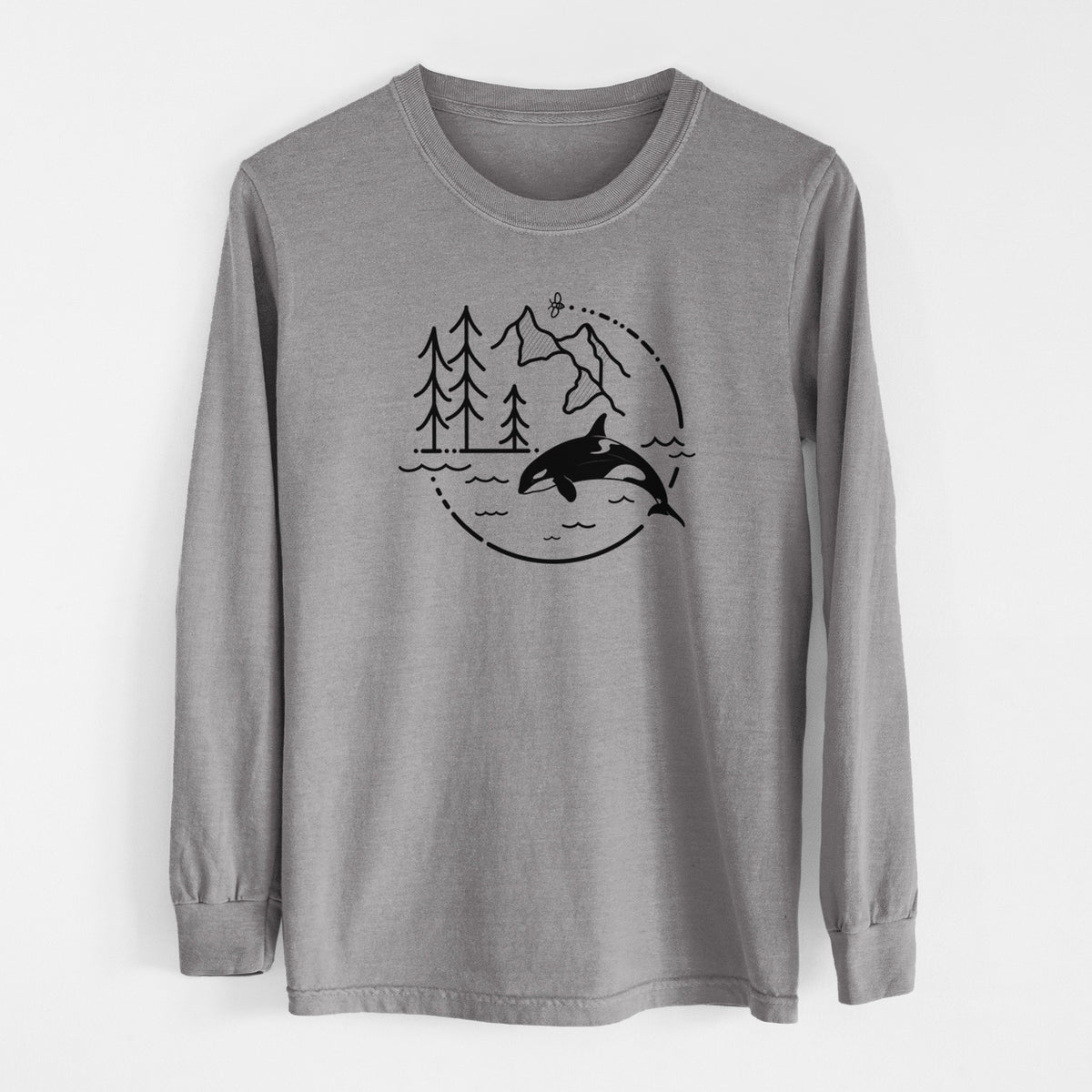 Grey Comfort Colors long sleeve shirt laid flat, printed with a black line art circle connecting pine trees, mountains, a bee and an orca leaping from ocean waves.