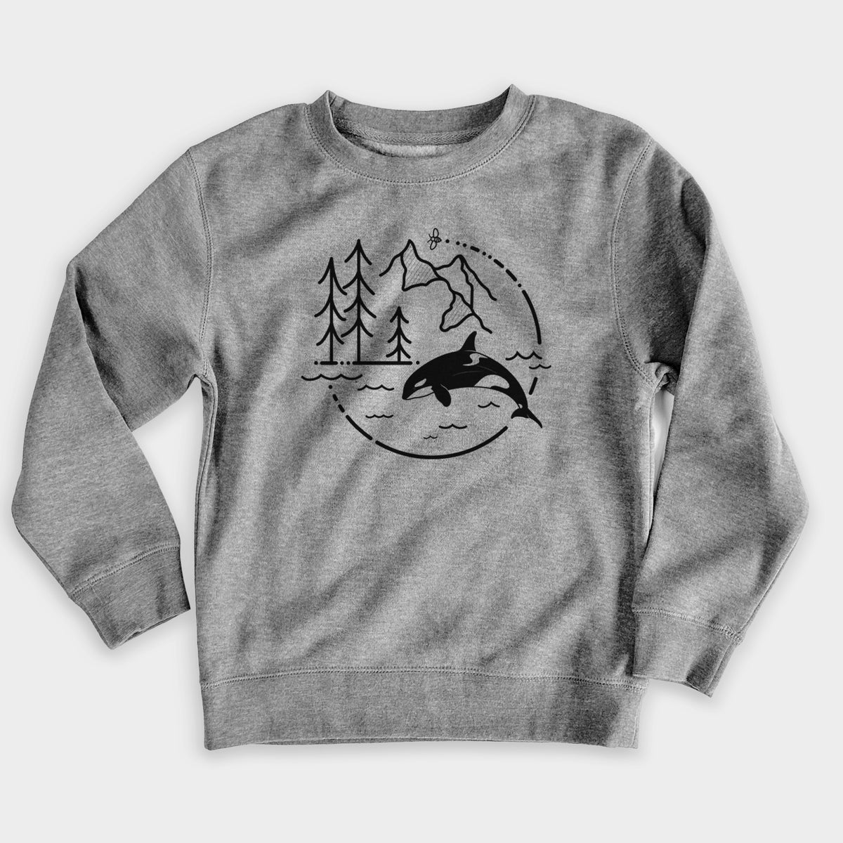 Nickel grey youth crewneck sweatshirt laid flat, printed with a black line art circle connecting pine trees, mountains, a bee and an orca leaping from ocean waves.