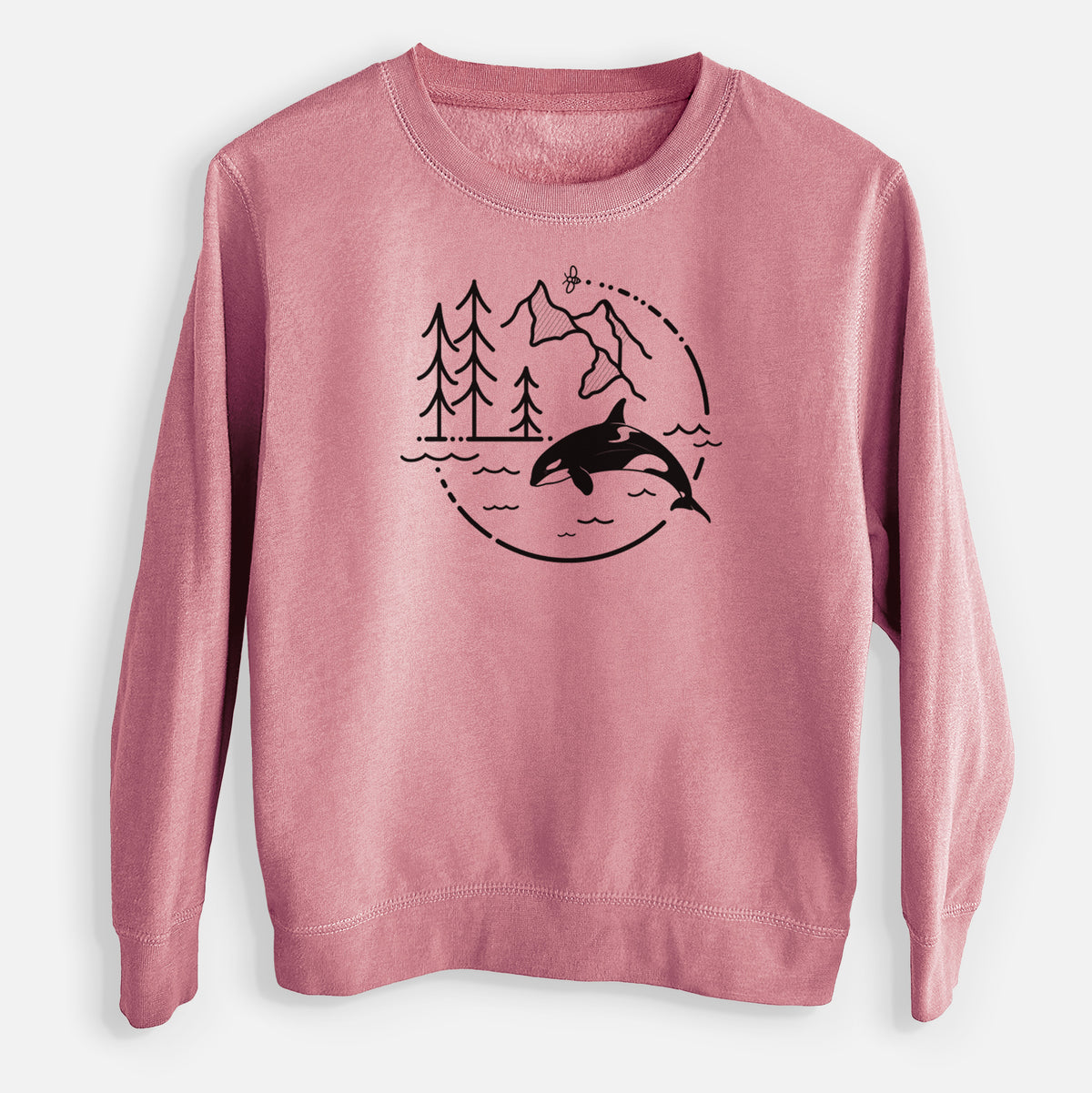 Mauve pink youth crewneck sweatshirt laid flat, printed with a black line art circle connecting pine trees, mountains, a bee and an orca leaping from ocean waves.