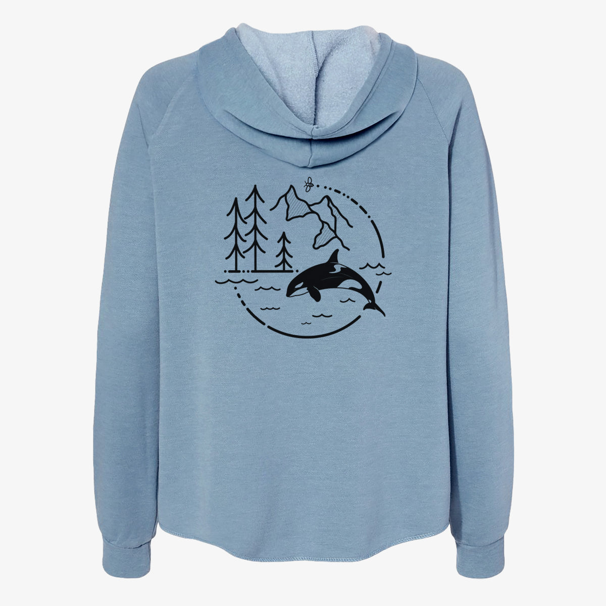 Misty blue women's Cali Wave zip-up sweatshirt laid flat, printed with a black line art circle connecting pine trees, mountains, a bee and an orca leaping from ocean waves.