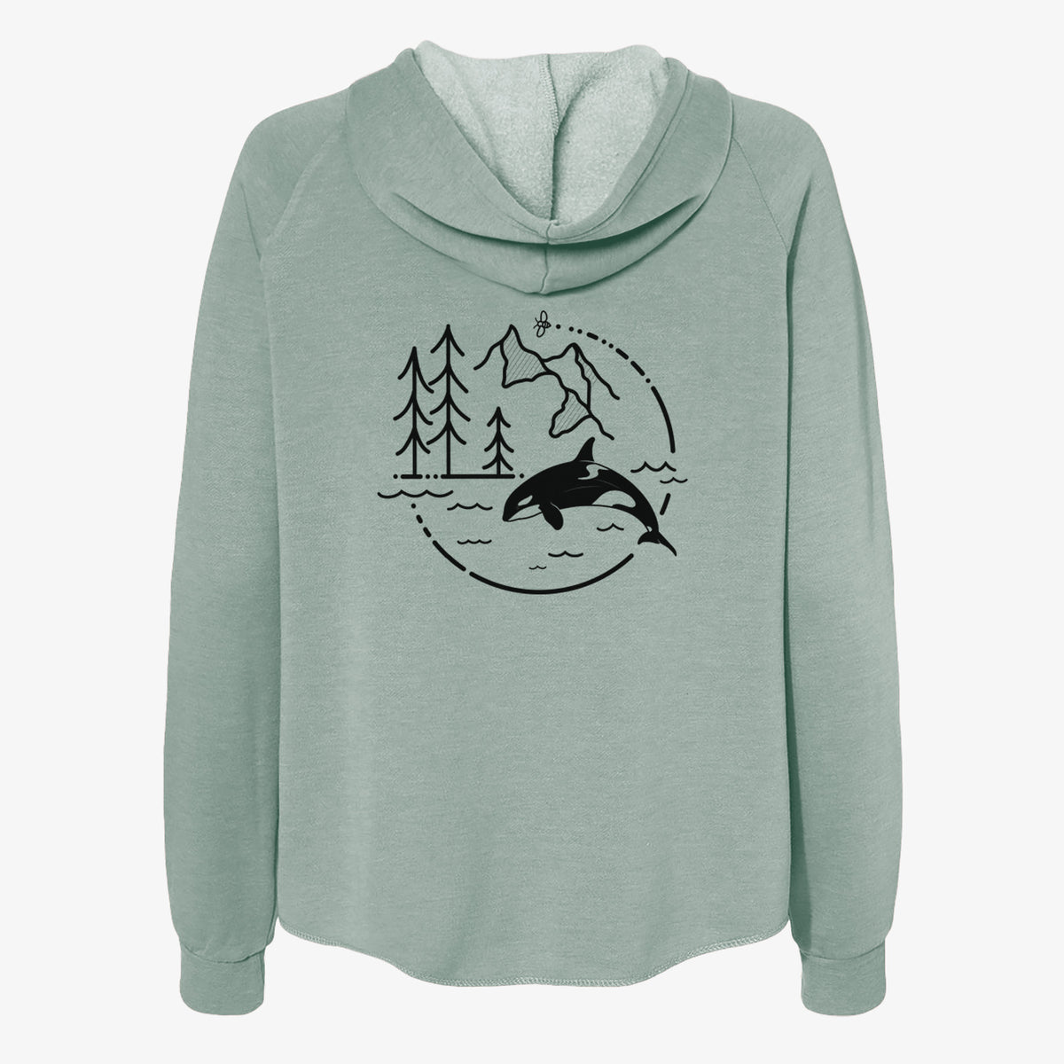 Sage green women's Cali Wave zip-up sweatshirt laid flat, printed with a black line art circle connecting pine trees, mountains, a bee and an orca leaping from ocean waves.