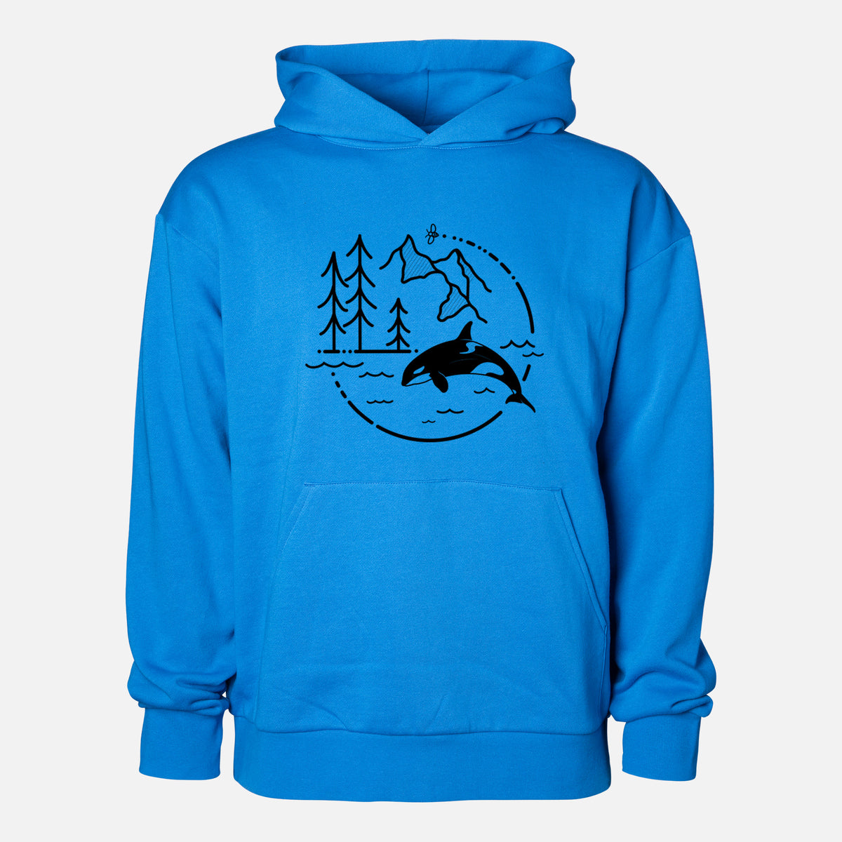 It's All Connected - Orca - Statement Midweight Hoodie in Azure Blue, shown from the front with the design printed on the chest above a front kangaroo pocket.