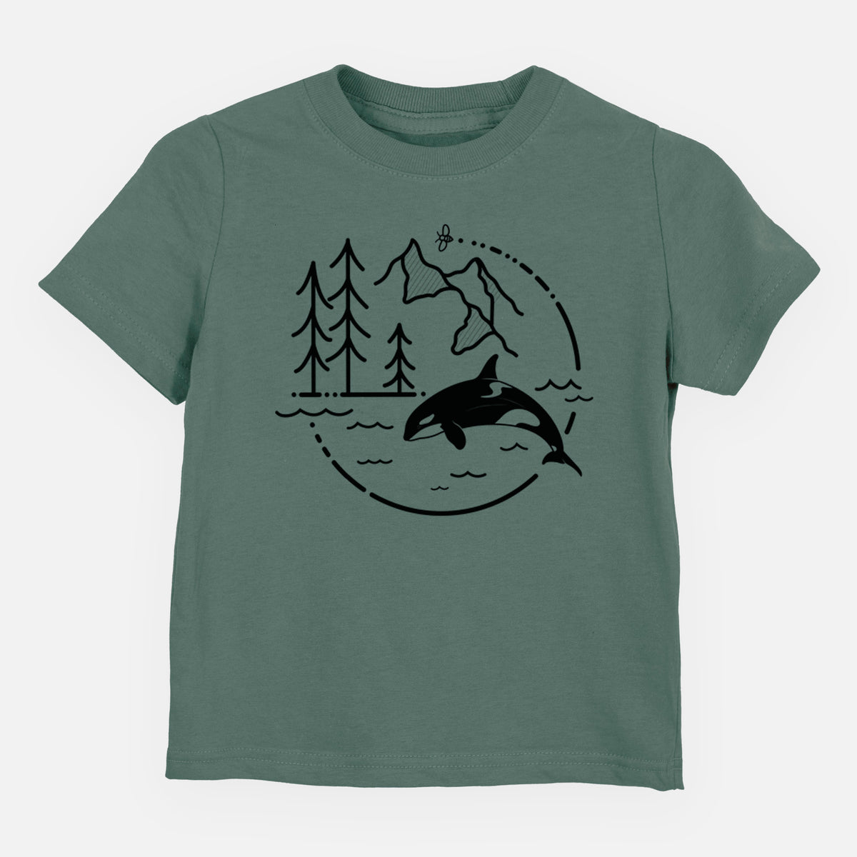 Basil green toddler t-shirt laid flat, printed with a black line art circle connecting pine trees, mountains, a bee and an orca leaping from ocean waves.