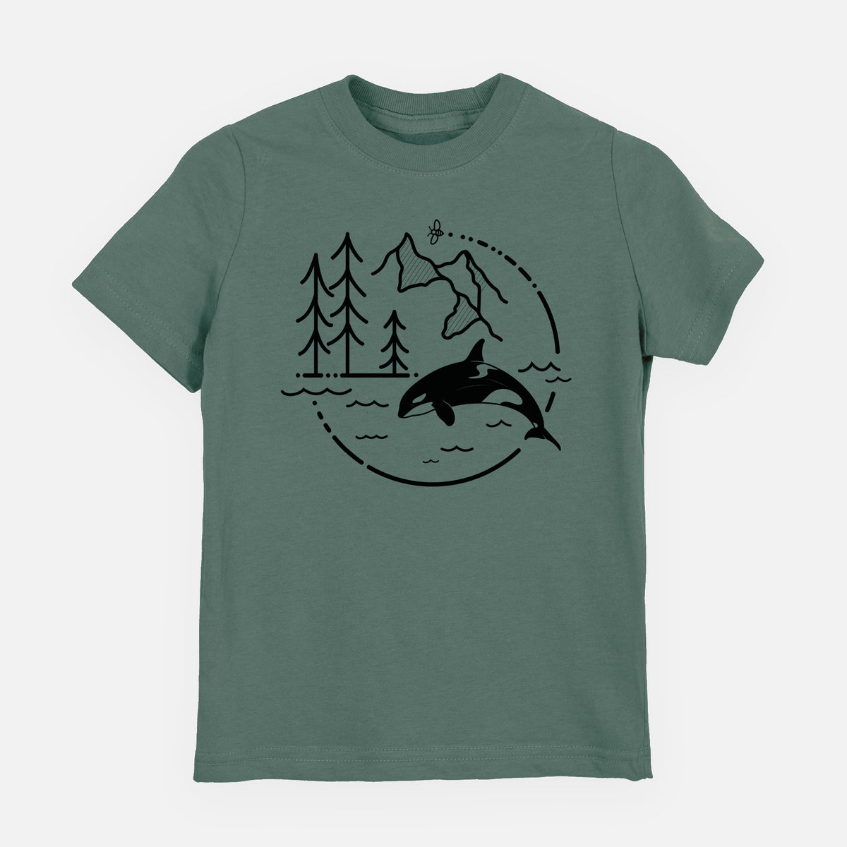 Basil green youth t-shirt laid flat, printed with a black line art circle connecting pine trees, mountains, a bee and an orca leaping from ocean waves.