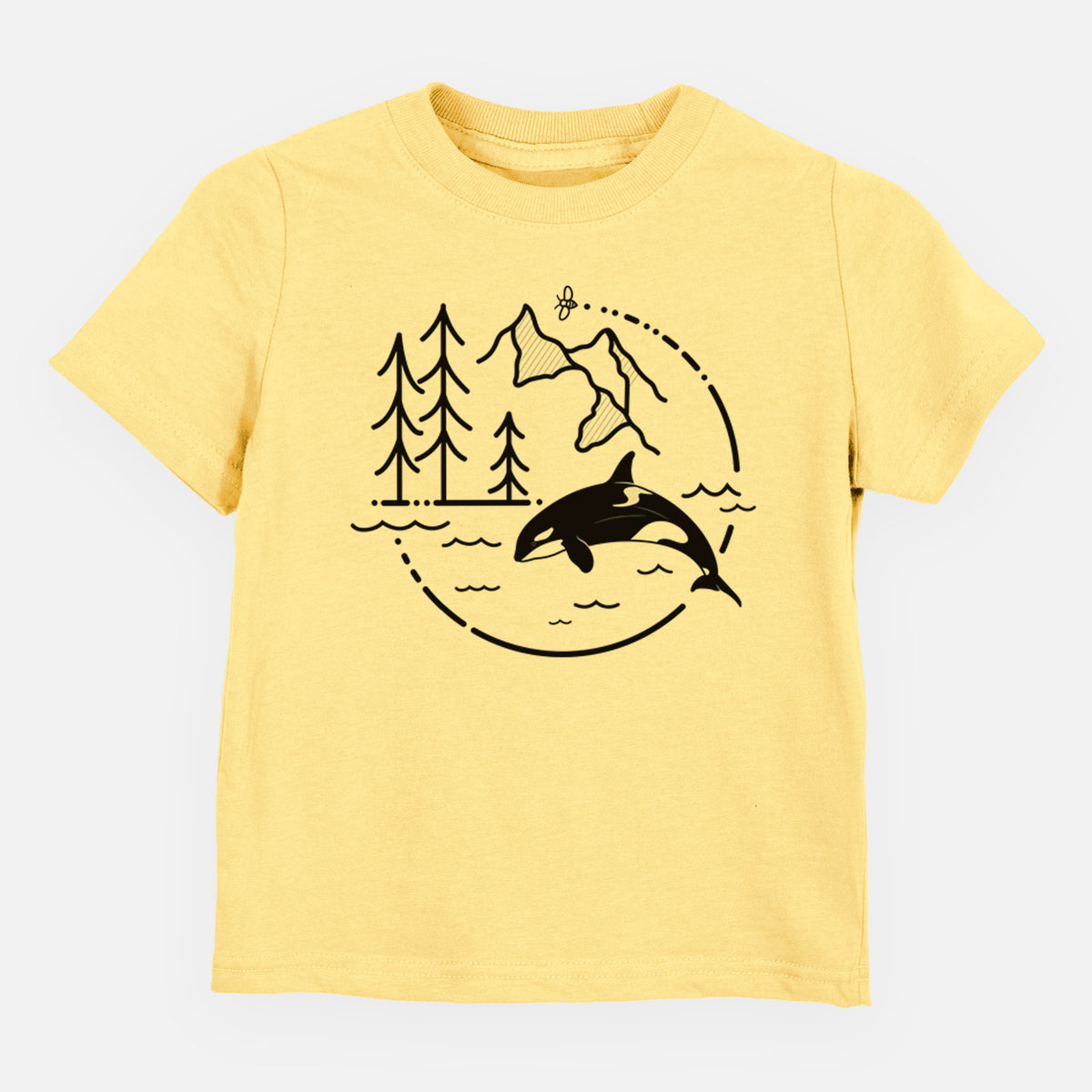 Butter yellow toddler t-shirt laid flat, printed with a black line art circle connecting pine trees, mountains, a bee and an orca leaping from ocean waves.