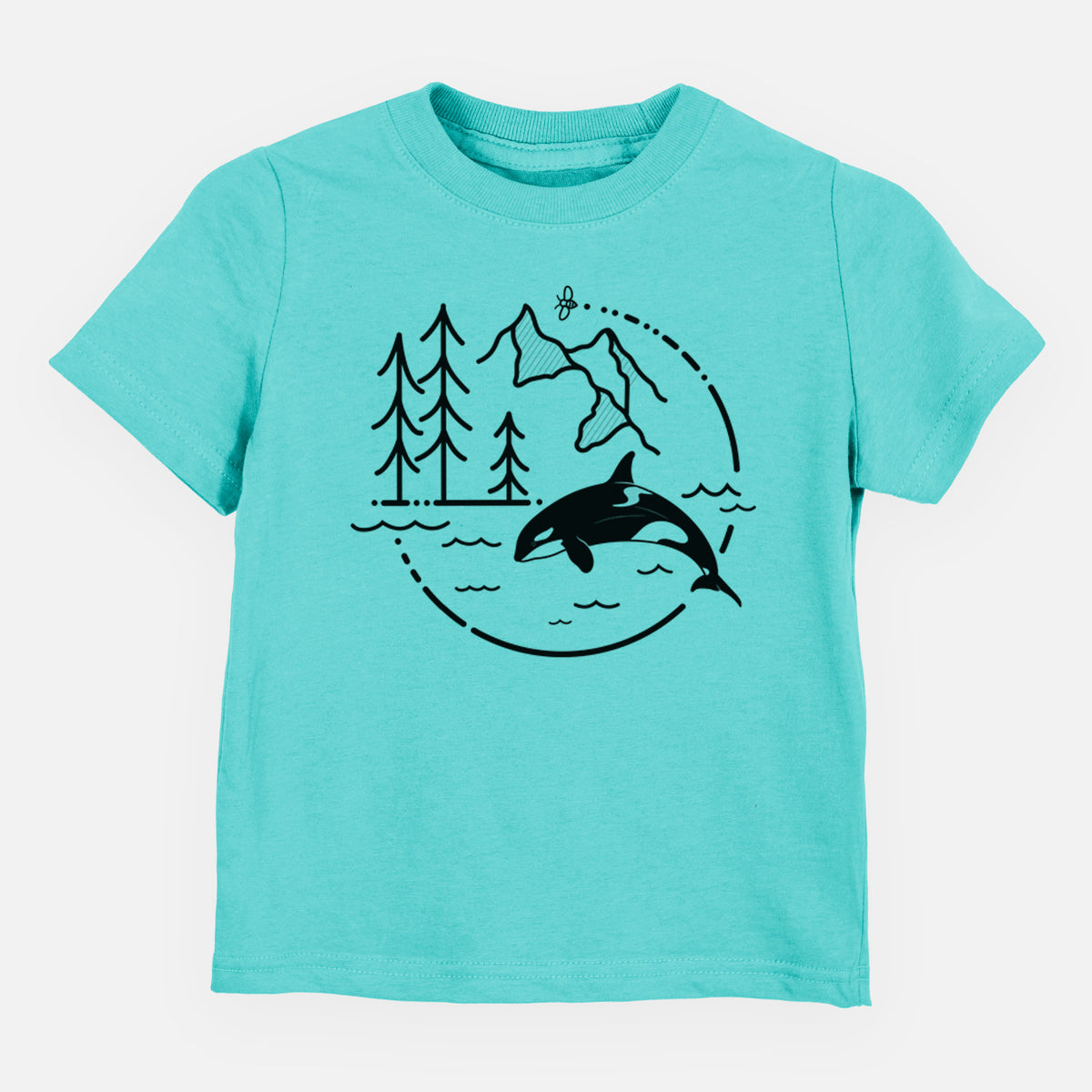 Caribbean blue toddler t-shirt laid flat, printed with a black line art circle connecting pine trees, mountains, a bee and an orca leaping from ocean waves.