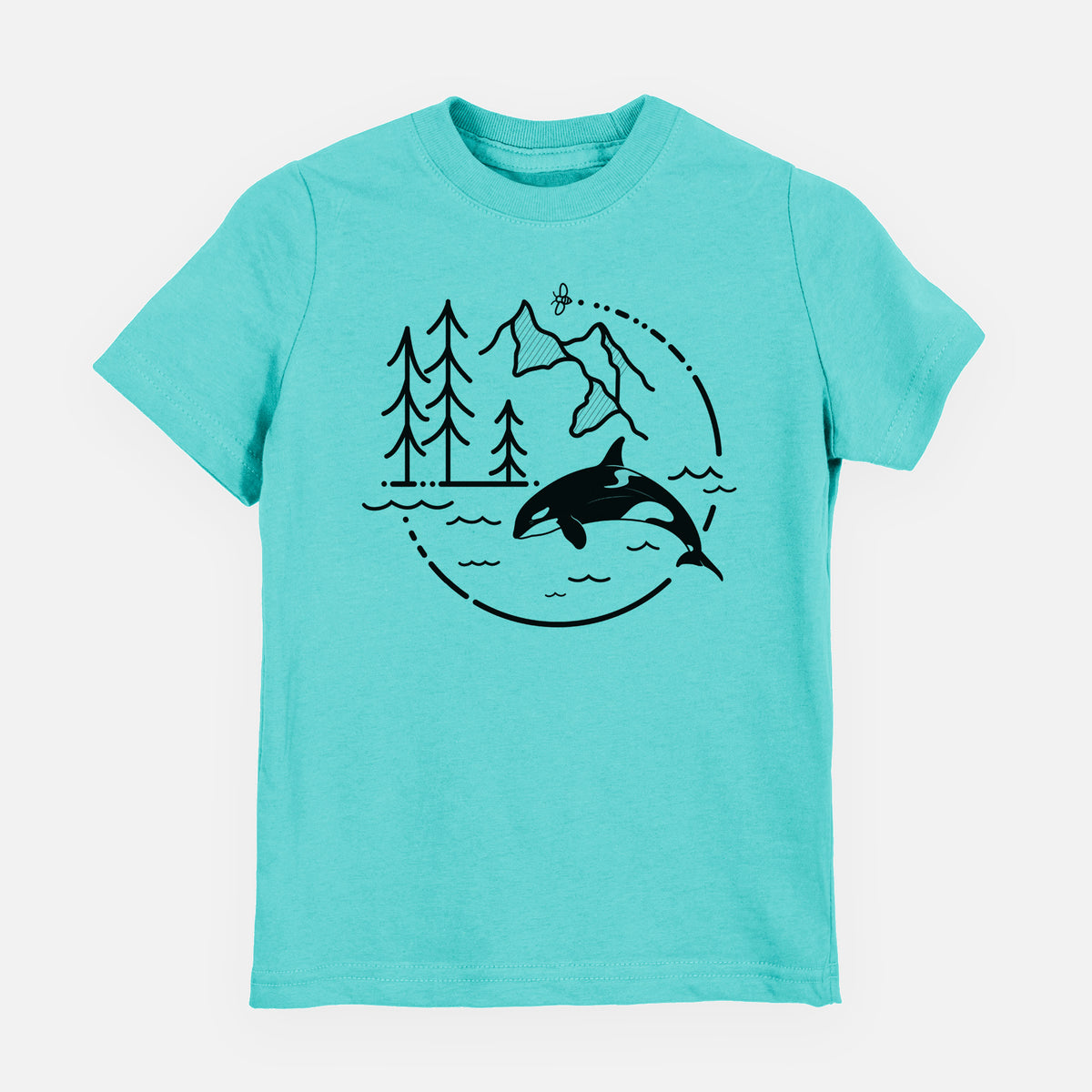 Caribbean blue youth t-shirt laid flat, printed with a black line art circle connecting pine trees, mountains, a bee and an orca leaping from ocean waves.