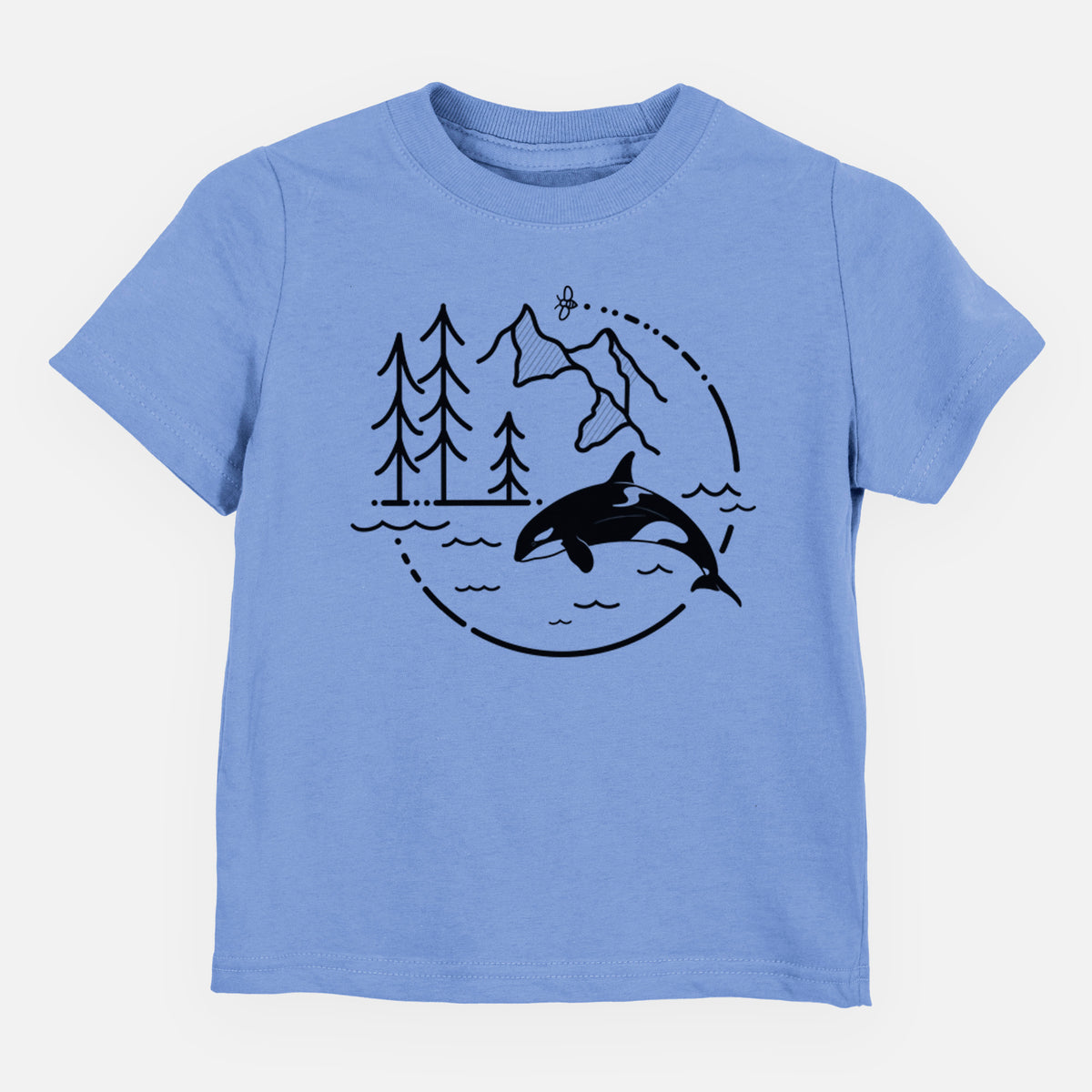 Carolina blue toddler t-shirt laid flat, printed with a black line art circle connecting pine trees, mountains, a bee and an orca leaping from ocean waves.
