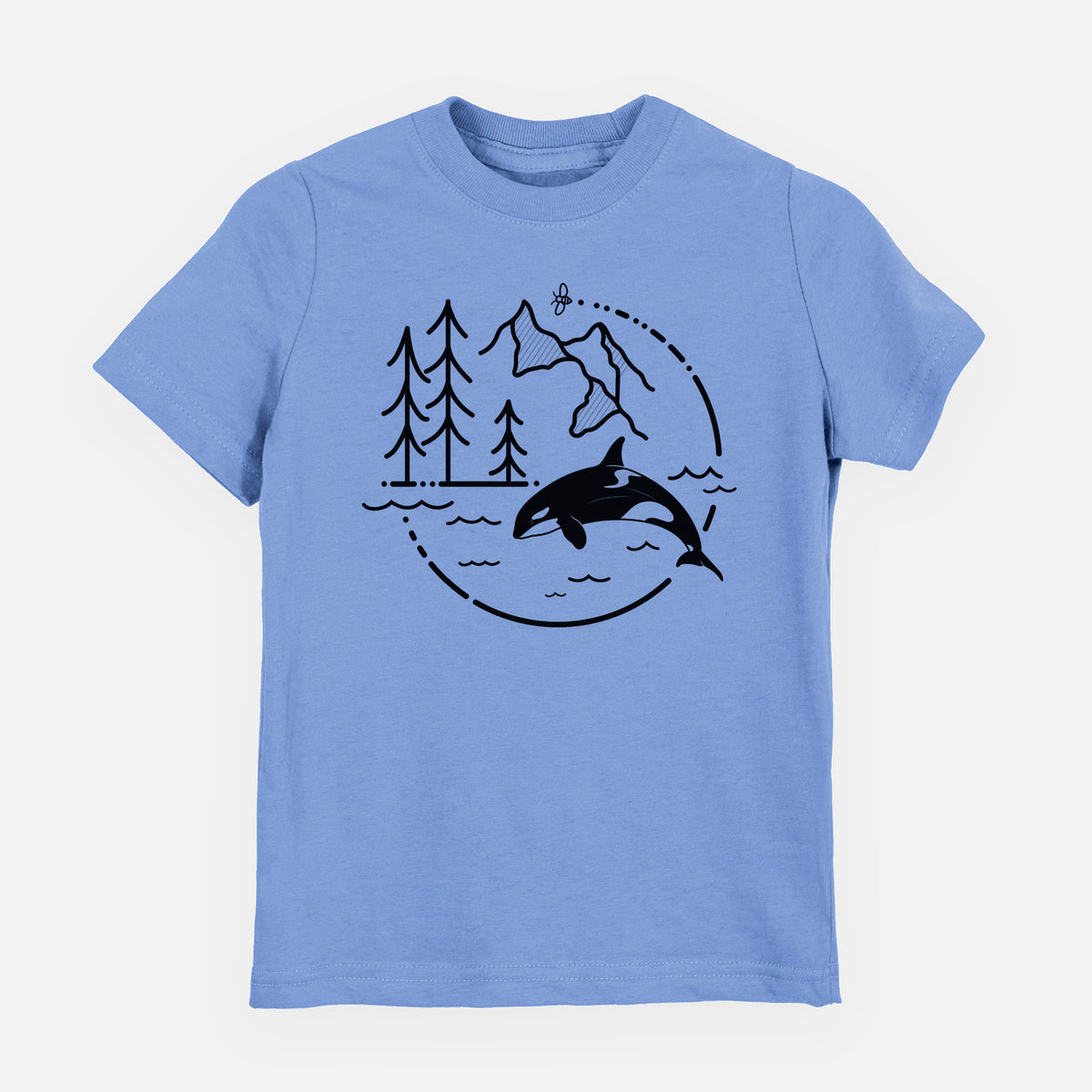 Carolina blue youth t-shirt laid flat, printed with a black line art circle connecting pine trees, mountains, a bee and an orca leaping from ocean waves.