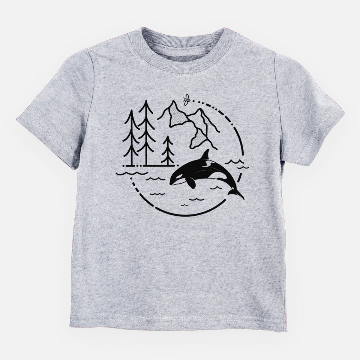 Heather grey toddler t-shirt laid flat, printed with a black line art circle connecting pine trees, mountains, a bee and an orca leaping from ocean waves.