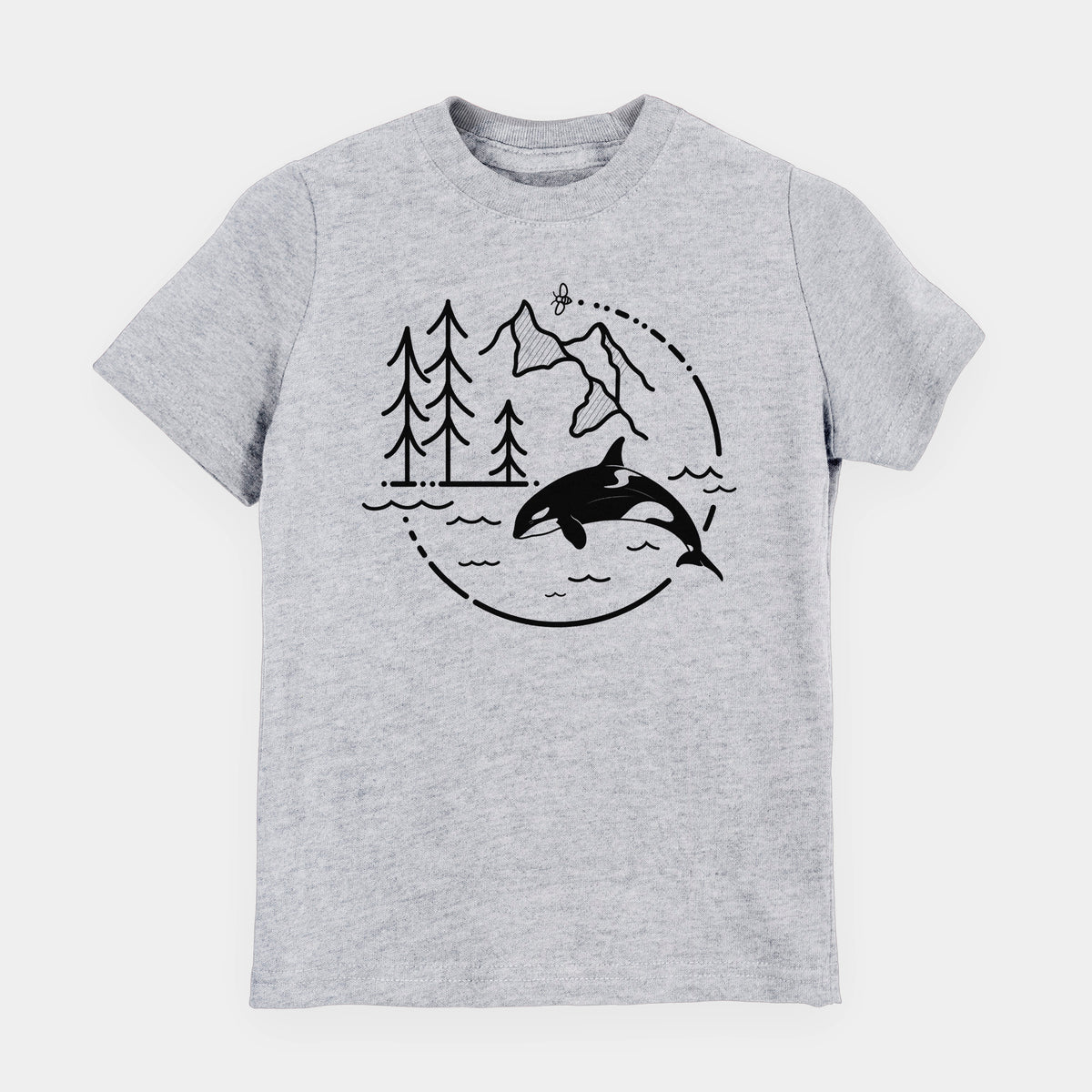 Heather grey youth t-shirt laid flat, printed with a black line art circle connecting pine trees, mountains, a bee and an orca leaping from ocean waves.