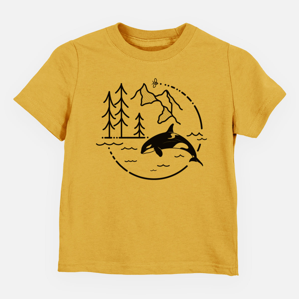 Honeycomb yellow toddler t-shirt laid flat, printed with a black line art circle connecting pine trees, mountains, a bee and an orca leaping from ocean waves.