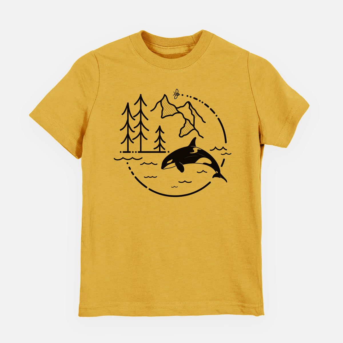 Honeycomb yellow youth t-shirt laid flat, printed with a black line art circle connecting pine trees, mountains, a bee and an orca leaping from ocean waves.