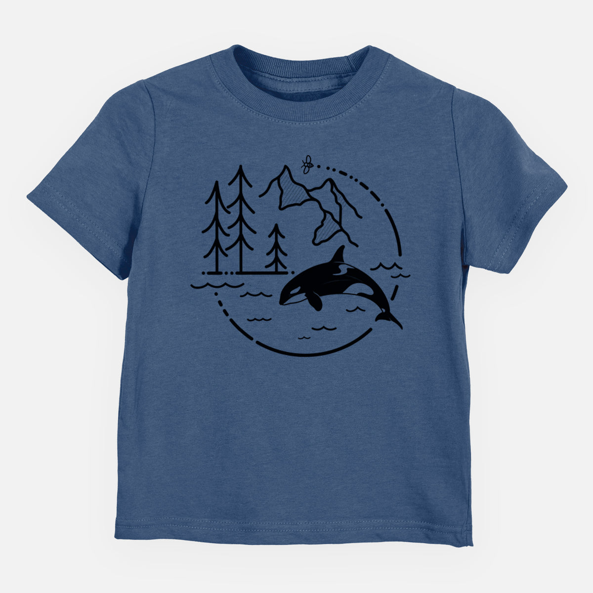 Indigo blue toddler t-shirt laid flat, printed with a black line art circle connecting pine trees, mountains, a bee and an orca leaping from ocean waves.