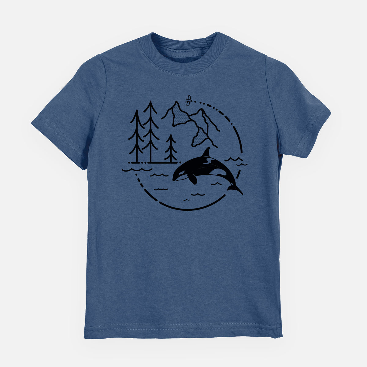 Indigo blue youth t-shirt laid flat, printed with a black line art circle connecting pine trees, mountains, a bee and an orca leaping from ocean waves.