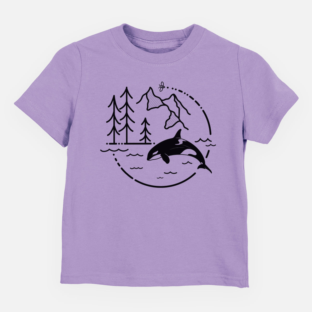 Lavender toddler t-shirt laid flat, printed with a black line art circle connecting pine trees, mountains, a bee and an orca leaping from ocean waves.