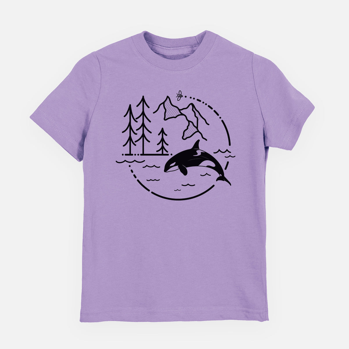 Lavender youth t-shirt laid flat, printed with a black line art circle connecting pine trees, mountains, a bee and an orca leaping from ocean waves.