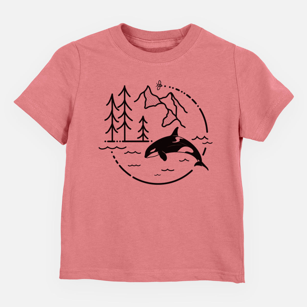 Mauve pink toddler t-shirt laid flat, printed with a black line art circle connecting pine trees, mountains, a bee and an orca leaping from ocean waves.