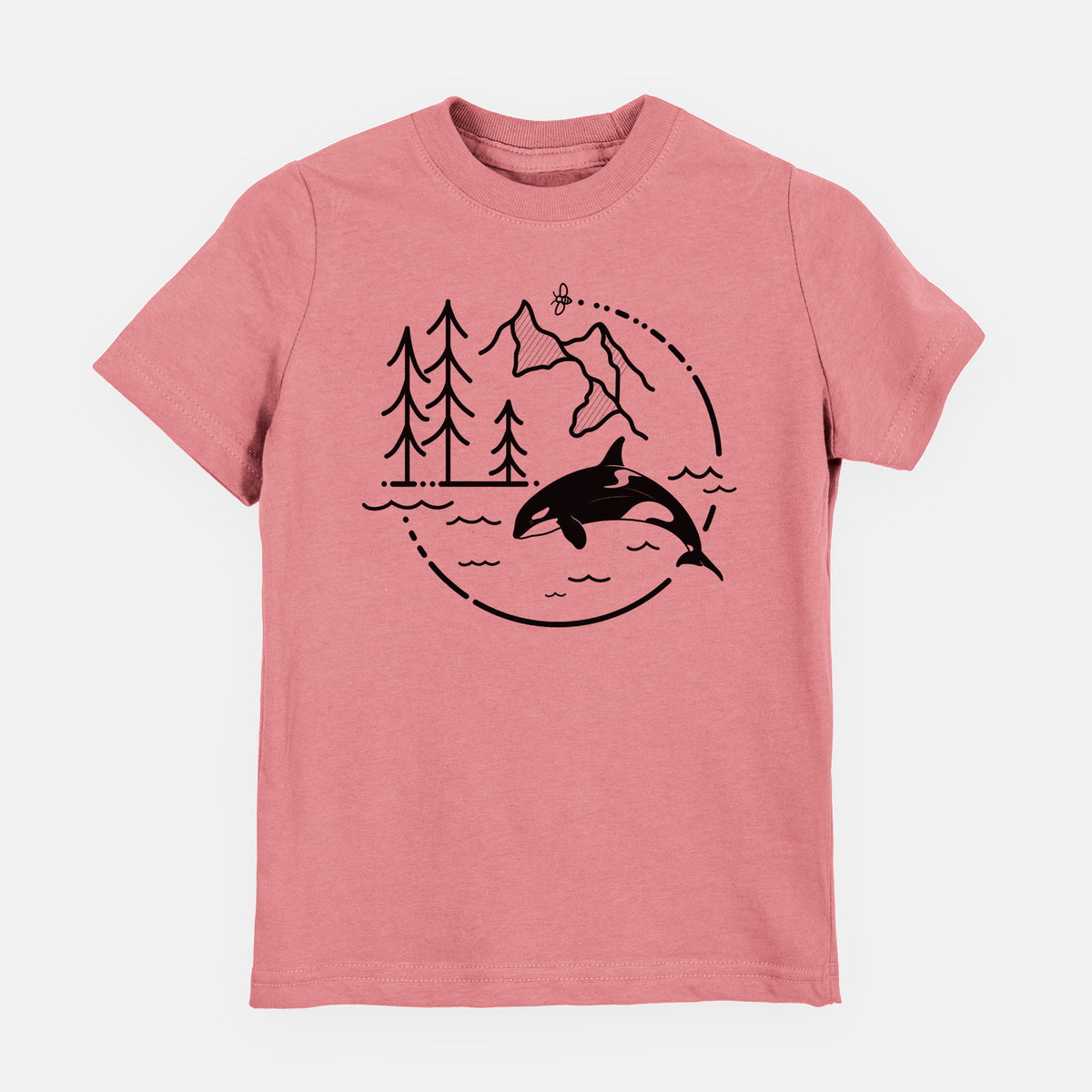 Mauve pink youth t-shirt laid flat, printed with a black line art circle connecting pine trees, mountains, a bee and an orca leaping from ocean waves.