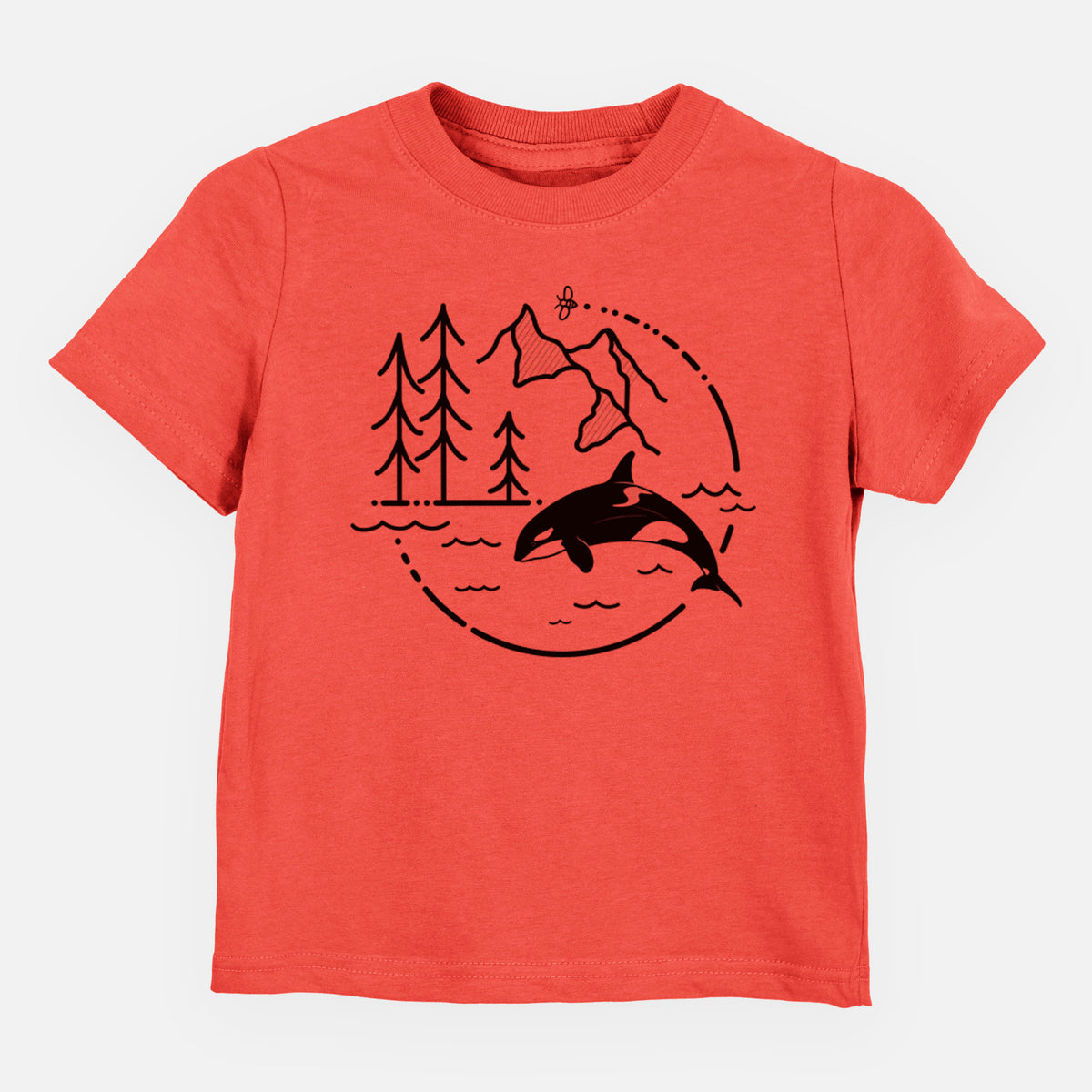 Passionfruit pink toddler t-shirt laid flat, printed with a black line art circle connecting pine trees, mountains, a bee and an orca leaping from ocean waves.