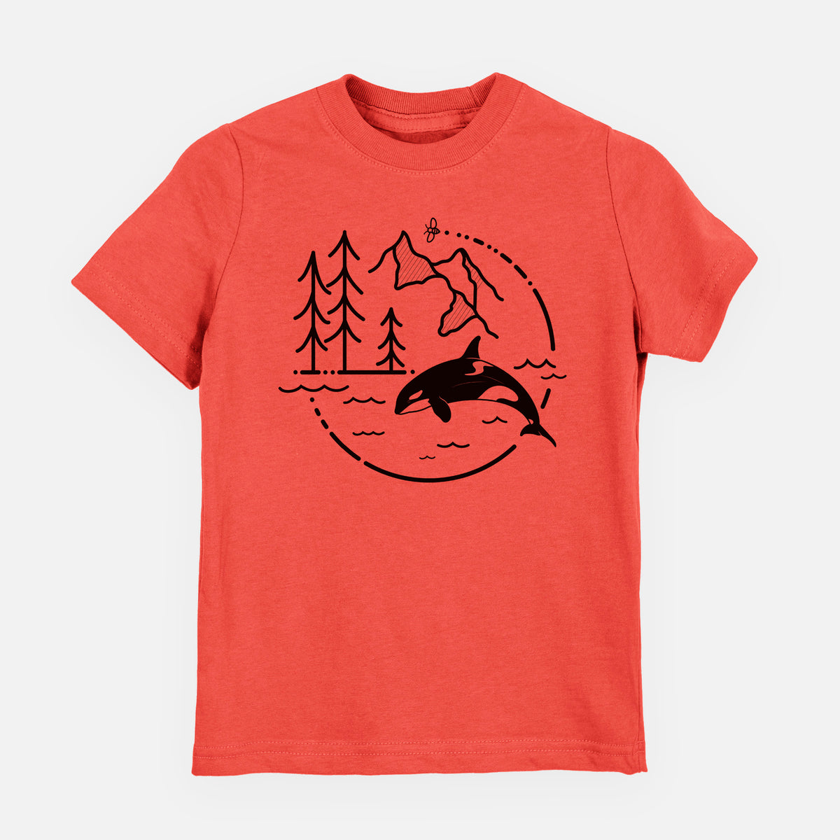 Passionfruit pink youth t-shirt laid flat, printed with a black line art circle connecting pine trees, mountains, a bee and an orca leaping from ocean waves.