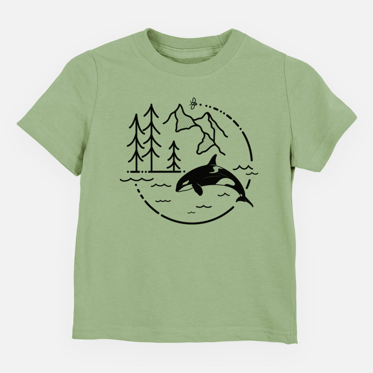 Sage green toddler t-shirt laid flat, printed with a black line art circle connecting pine trees, mountains, a bee and an orca leaping from ocean waves.