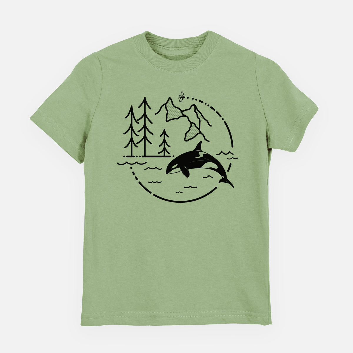 Sage green youth t-shirt laid flat, printed with a black line art circle connecting pine trees, mountains, a bee and an orca leaping from ocean waves.