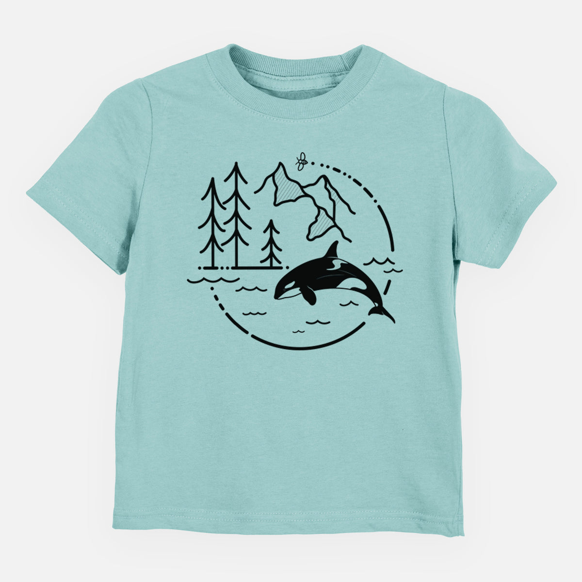Saltwater toddler t-shirt laid flat, printed with a black line art circle connecting pine trees, mountains, a bee and an orca leaping from ocean waves.