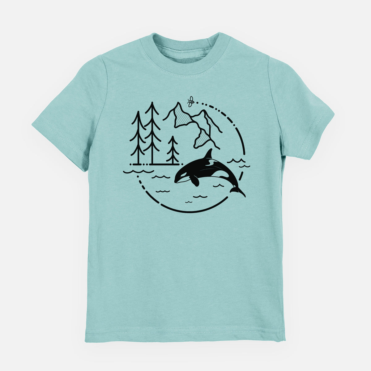 Saltwater youth t-shirt laid flat, printed with a black line art circle connecting pine trees, mountains, a bee and an orca leaping from ocean waves.