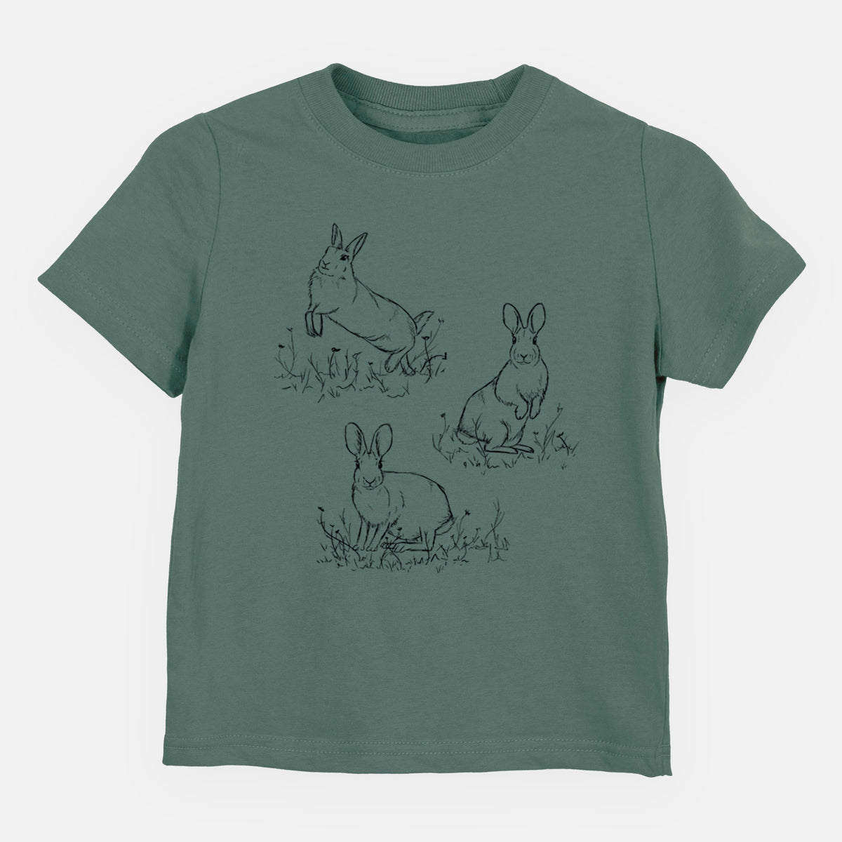 Basil green toddler t-shirt laid flat, printed with a black ink illustration of three cottontail rabbits among grass and flowers.