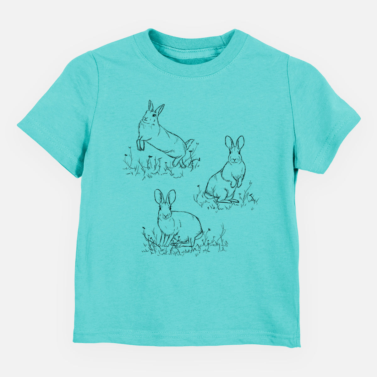 Caribbean blue toddler t-shirt laid flat, printed with a black ink illustration of three cottontail rabbits among grass and flowers.