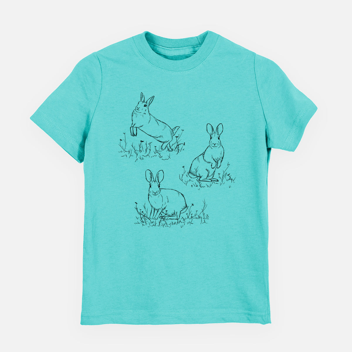 Caribbean blue youth t-shirt laid flat, printed with a black ink illustration of three cottontail rabbits among grass and flowers.