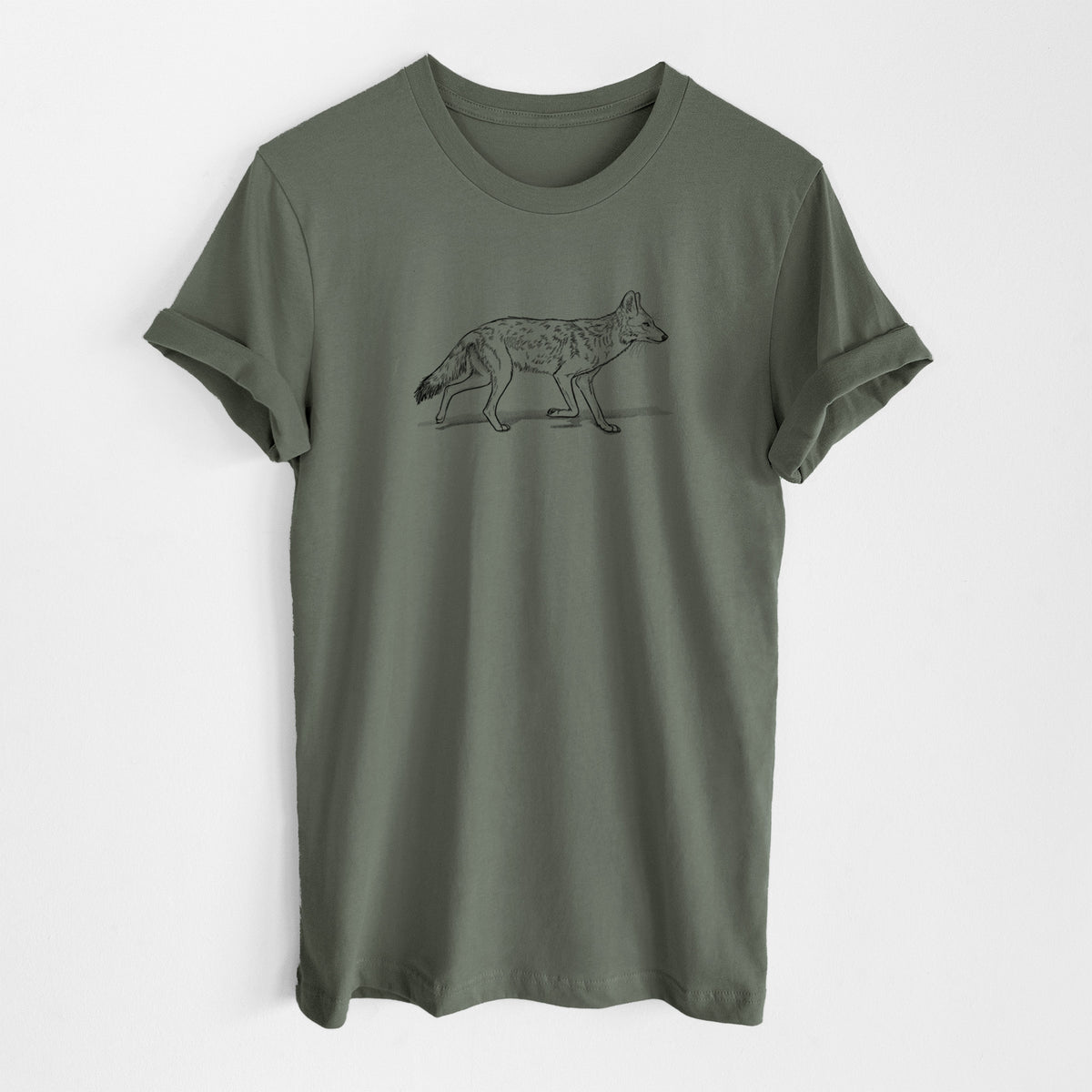 Military green lightweight cotton t-shirt laid flat, printed with a black ink illustration of a coyote trotting.