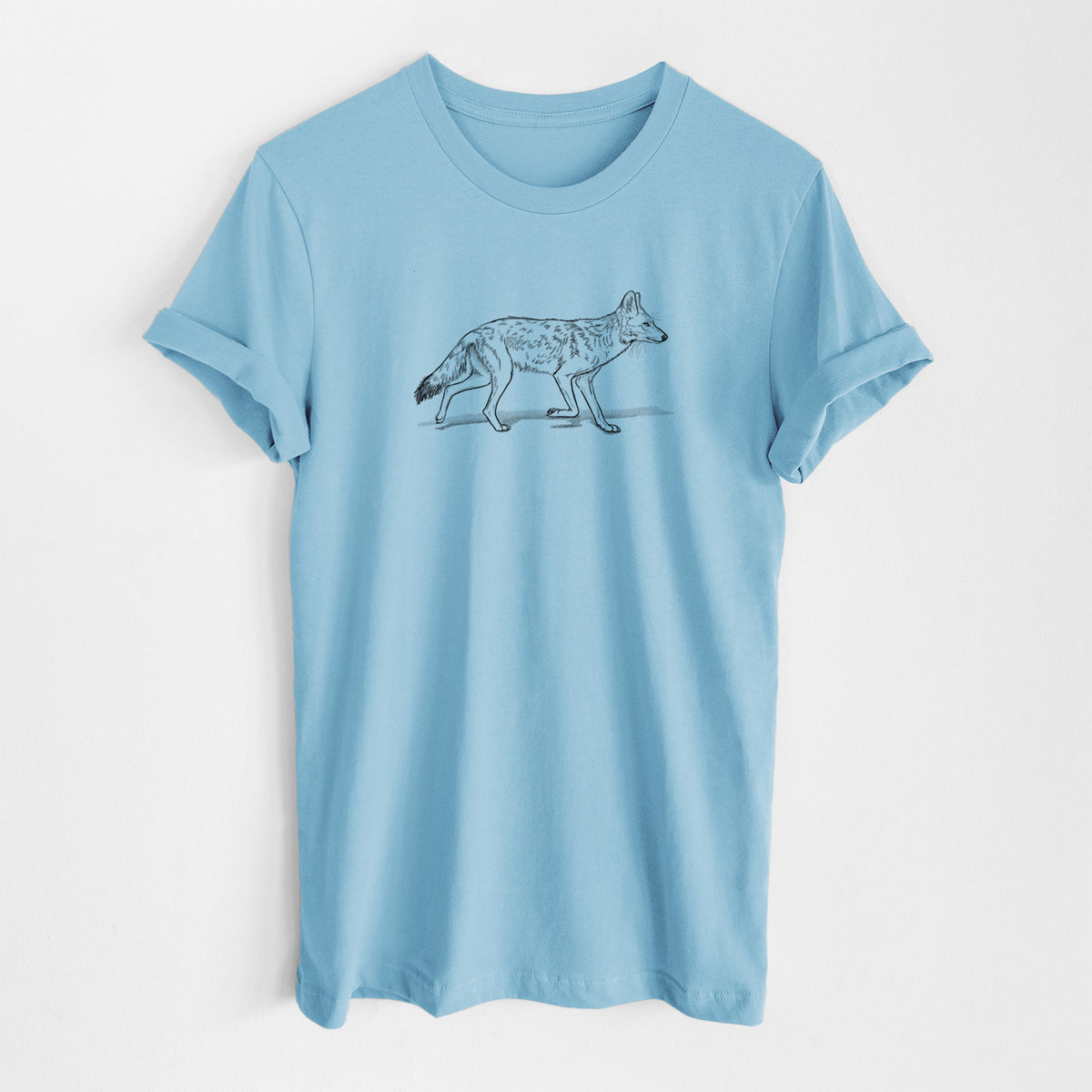 Ocean blue lightweight cotton t-shirt laid flat, printed with a black ink illustration of a coyote trotting.