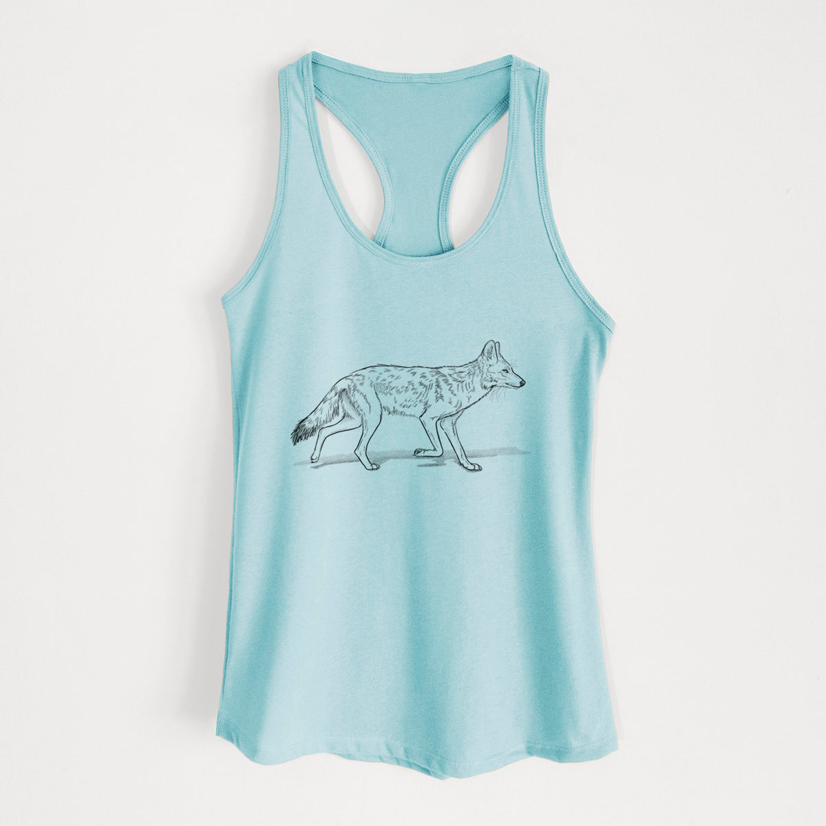 Cancun blue women's racerback tank top laid flat, printed with a black ink illustration of a coyote trotting.