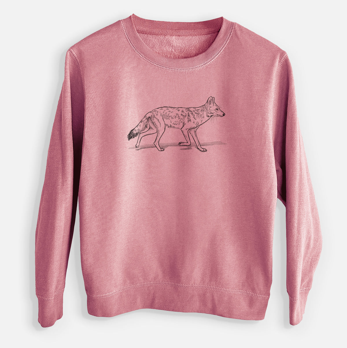 Mauve pink youth crewneck sweatshirt laid flat, printed with a black ink illustration of a coyote trotting.