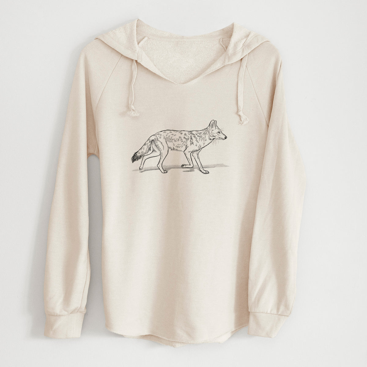 Bone cream women's Cali Wave hooded sweatshirt laid flat, printed with a black ink illustration of a coyote trotting.