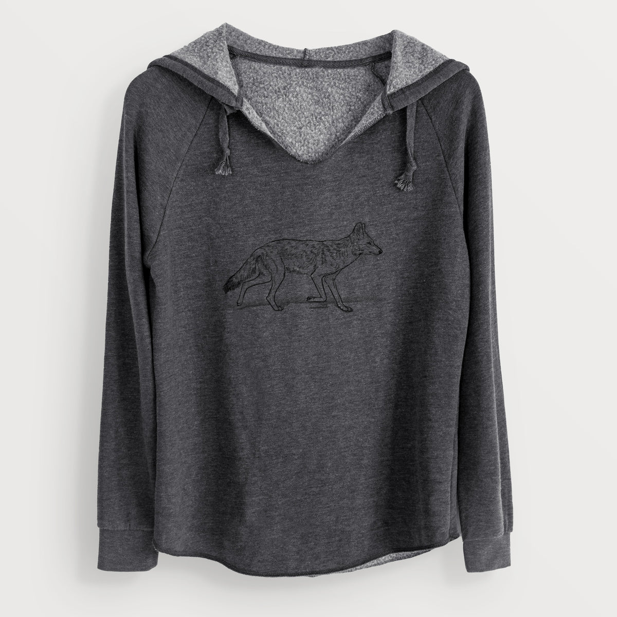 Charcoal grey women's Cali Wave hooded sweatshirt laid flat, printed with a black ink illustration of a coyote trotting.