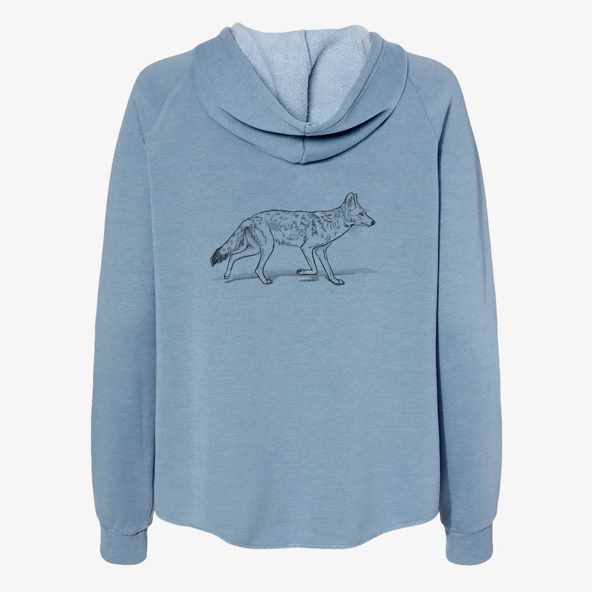 Misty blue women's Cali Wave zip-up sweatshirt laid flat, printed with a black ink illustration of a coyote trotting.