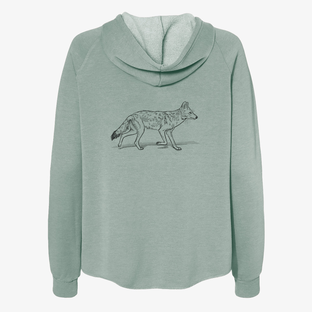 Sage green women's Cali Wave zip-up sweatshirt laid flat, printed with a black ink illustration of a coyote trotting.