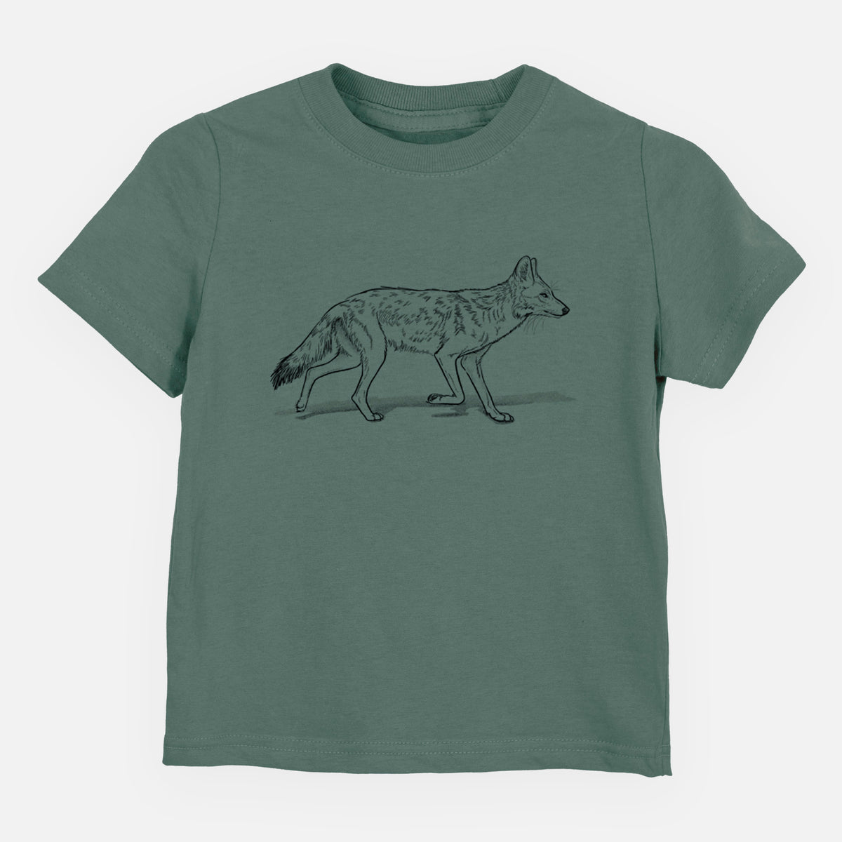 Basil green toddler t-shirt laid flat, printed with a black ink illustration of a coyote trotting.