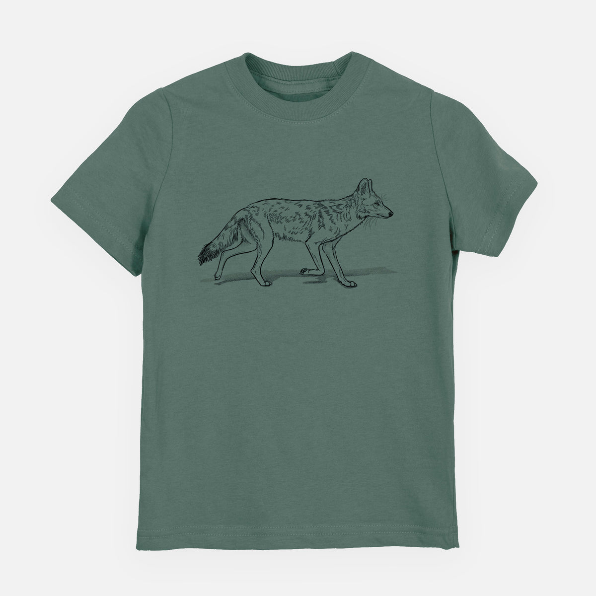 Basil green youth t-shirt laid flat, printed with a black ink illustration of a coyote trotting.