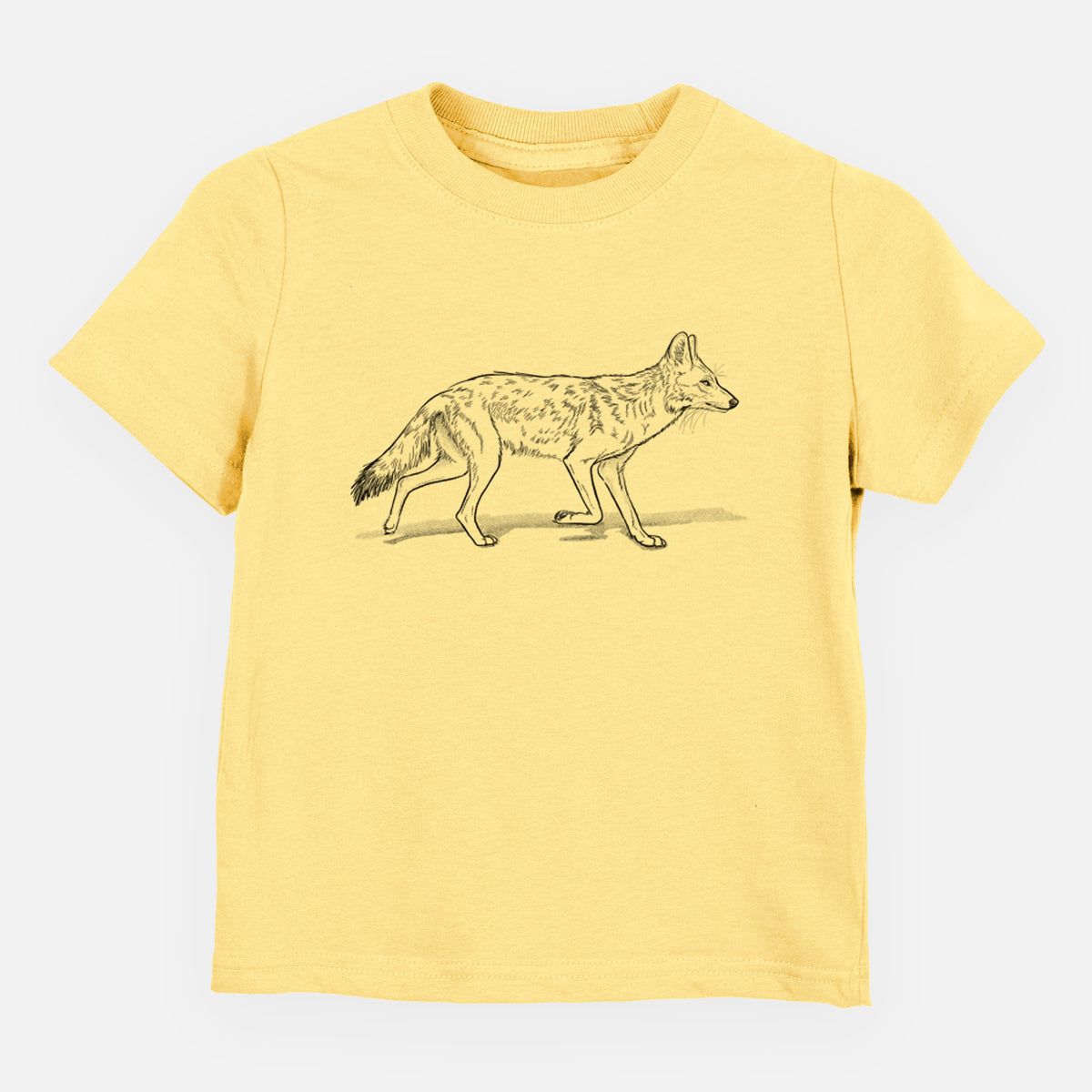 Butter yellow toddler t-shirt laid flat, printed with a black ink illustration of a coyote trotting.